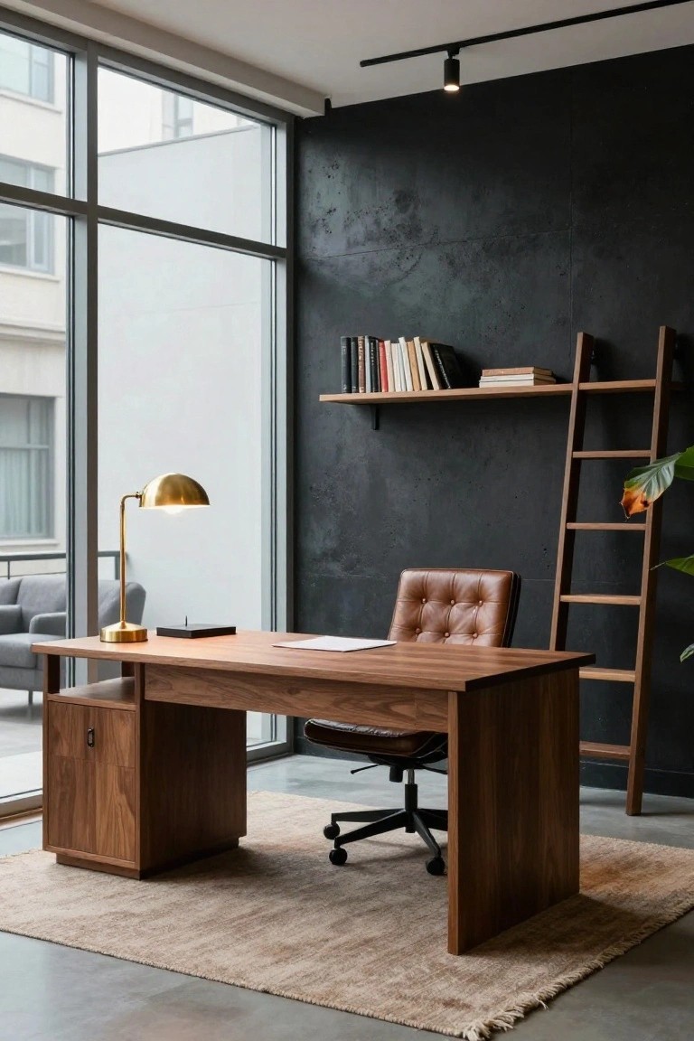 Home office with walnut wood desk, tufted brown leather chair on wheels, gold desk lamp, wooden ladder shelf with books and plant, against dark textured wall and large windows.