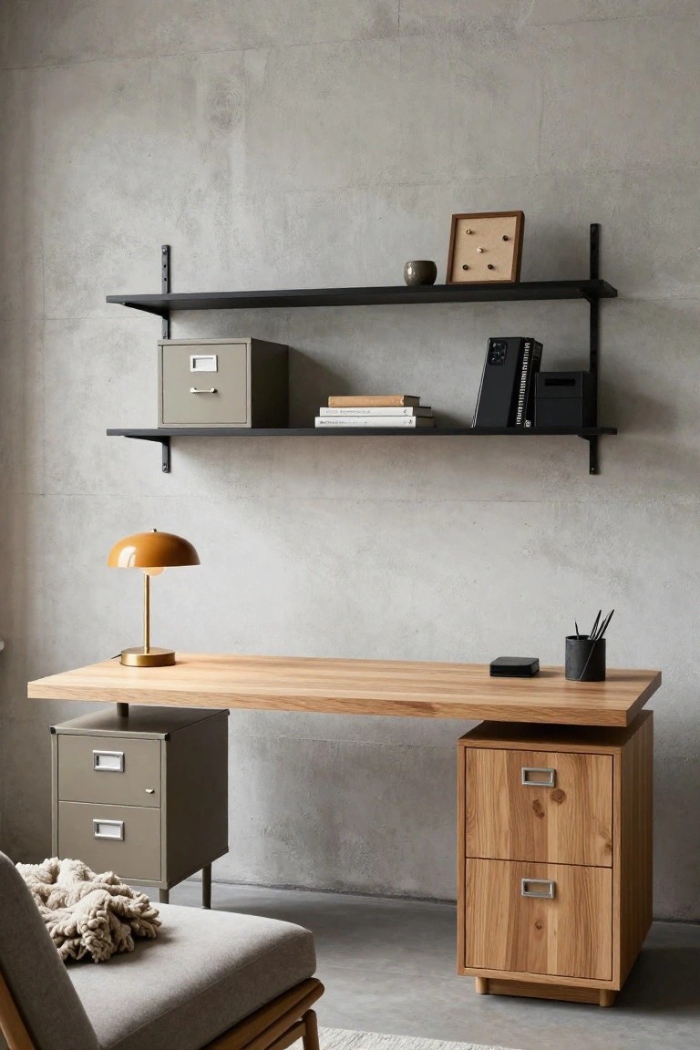 Home office with light oak desk and pedestal drawer unit, gray metal filing cabinets on either side, black metal wall shelves holding books and boxes above the desk, against a textured gray concrete wall, orange lamp on desk, and gray rattan chair nearby.