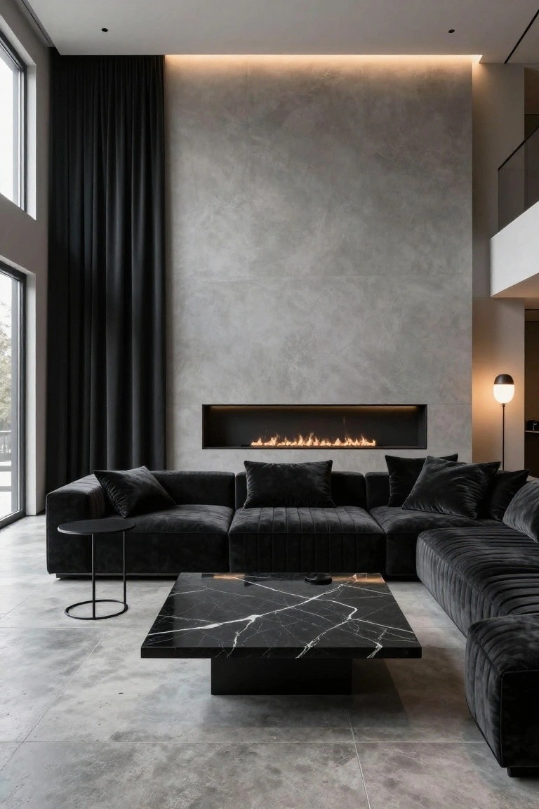 Modern living room with large black velvet L-shaped sectional sofa, black marble coffee table, linear gas fireplace on textured gray wall, tall black curtains, and polished concrete floor.