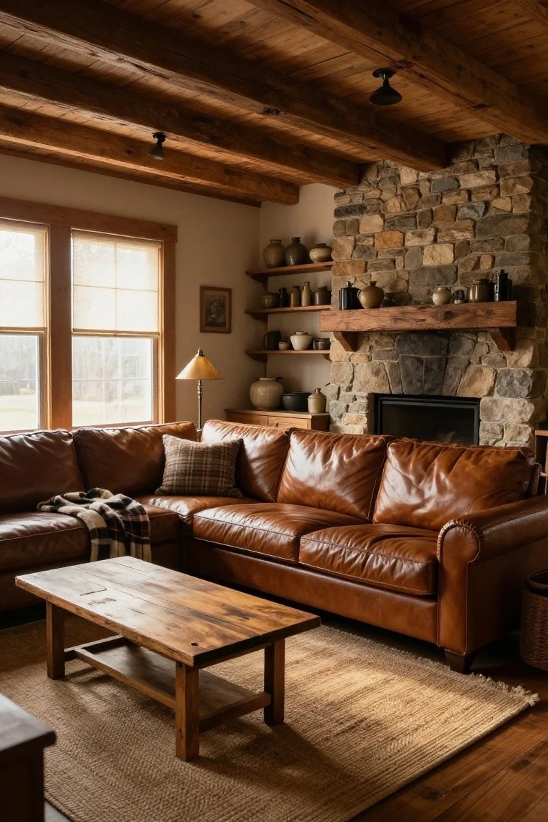 A living room with a large brown leather L-shaped sectional sofa facing a stone fireplace, wooden ceiling beams, a wooden coffee table, jute rug, and shelves with pottery.