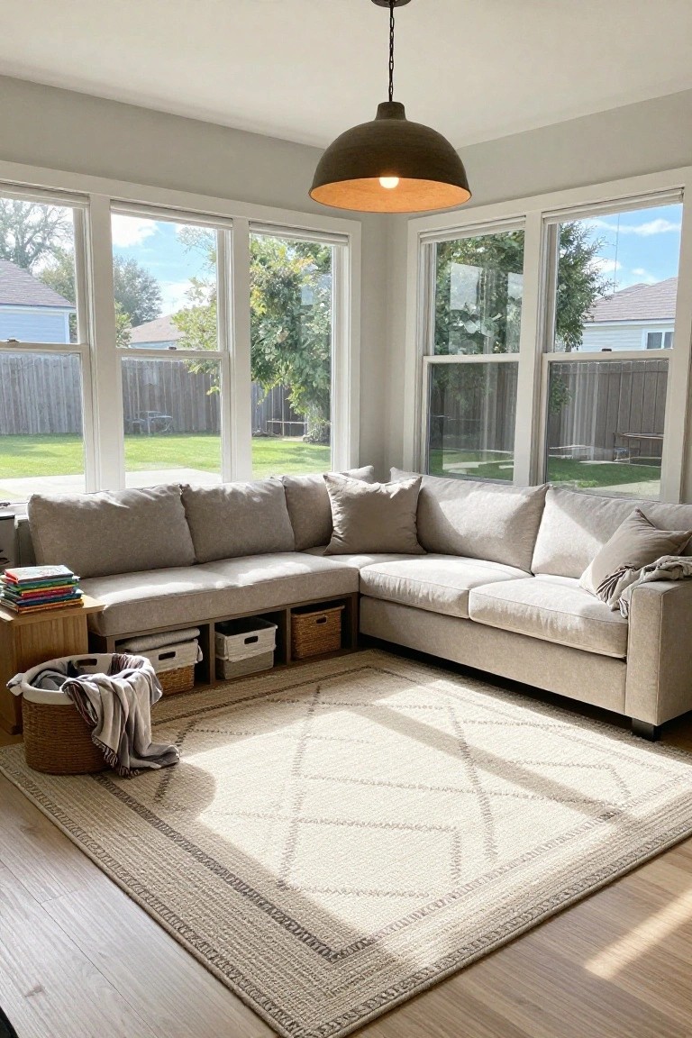 Light gray L-shaped sectional sofa built into a corner with open under-seat storage cubbies containing baskets and bins, in a sunroom with large windows, neutral rug, and pendant light.