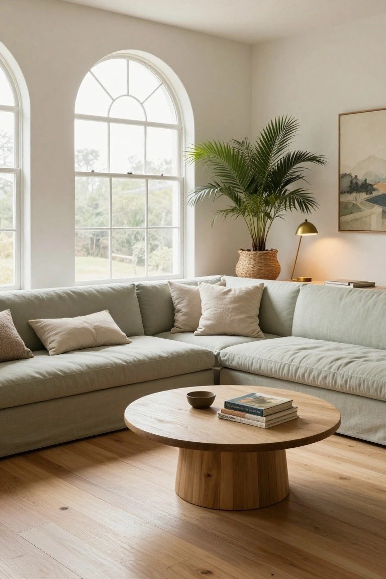 Light gray linen-covered L-shaped sectional sofa in a corner of a living room with large arched windows overlooking trees, a potted palm plant, brass lamp, round wooden coffee table holding books and a bowl, and light wood floors.