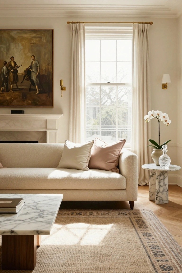 Light cream bouclé sectional sofa facing a white marble fireplace in a beige living room with tall window, sheer curtains, large abstract painting above mantel, marble side table with orchid, and books on low marble coffee table.