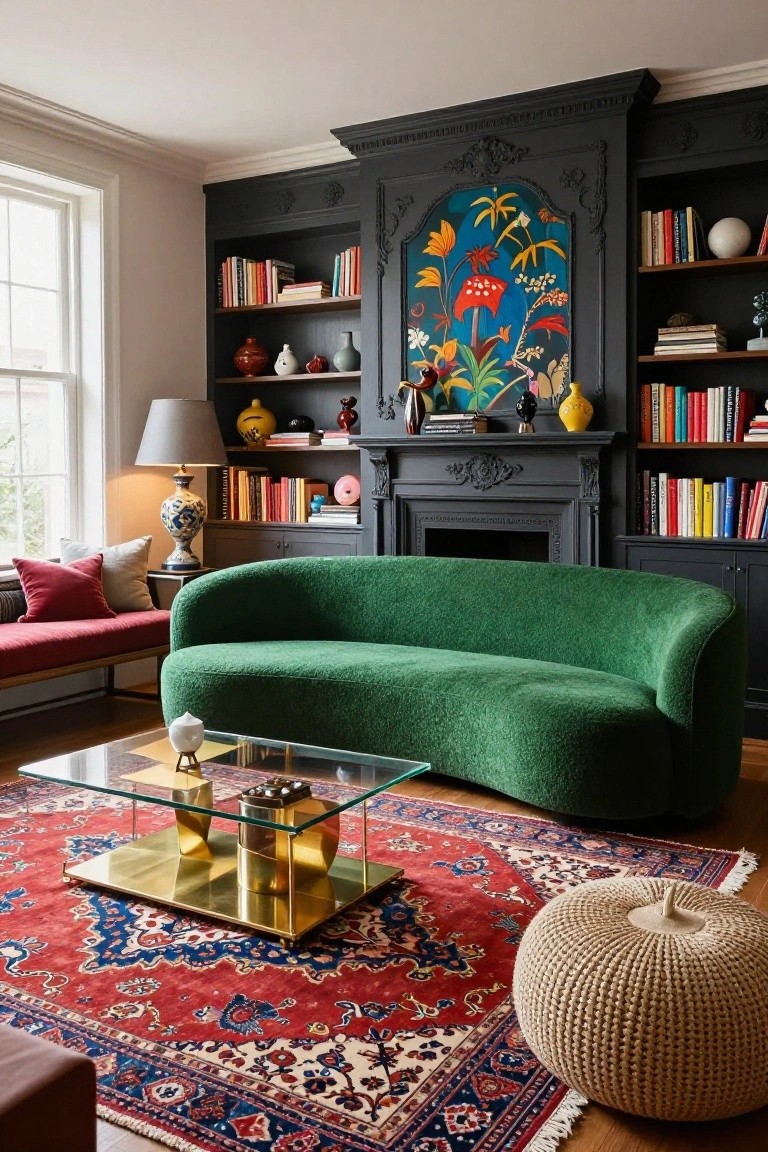 Living room with curved emerald green upholstered sectional sofa facing black ornate fireplace with surrounding dark wood bookshelves filled with books, colorful vases, and art, plus glass coffee table on red patterned rug and beige pouf stool.
