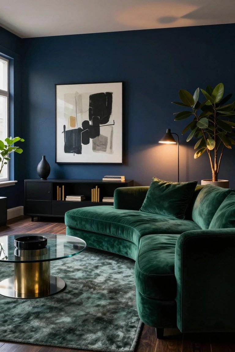 Living room with navy blue walls, curved emerald green velvet sectional sofa, glass-top brass coffee table, black media unit, potted plants, abstract wall art, and arc floor lamp.