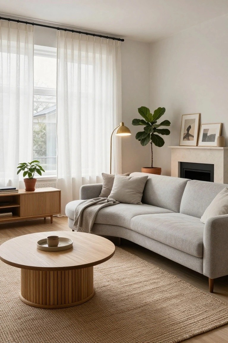 Light gray curved sectional sofa in a bright living room with oak drum coffee table, potted plants, wood media console, beige rug, stone fireplace, and sheer curtains over large windows.