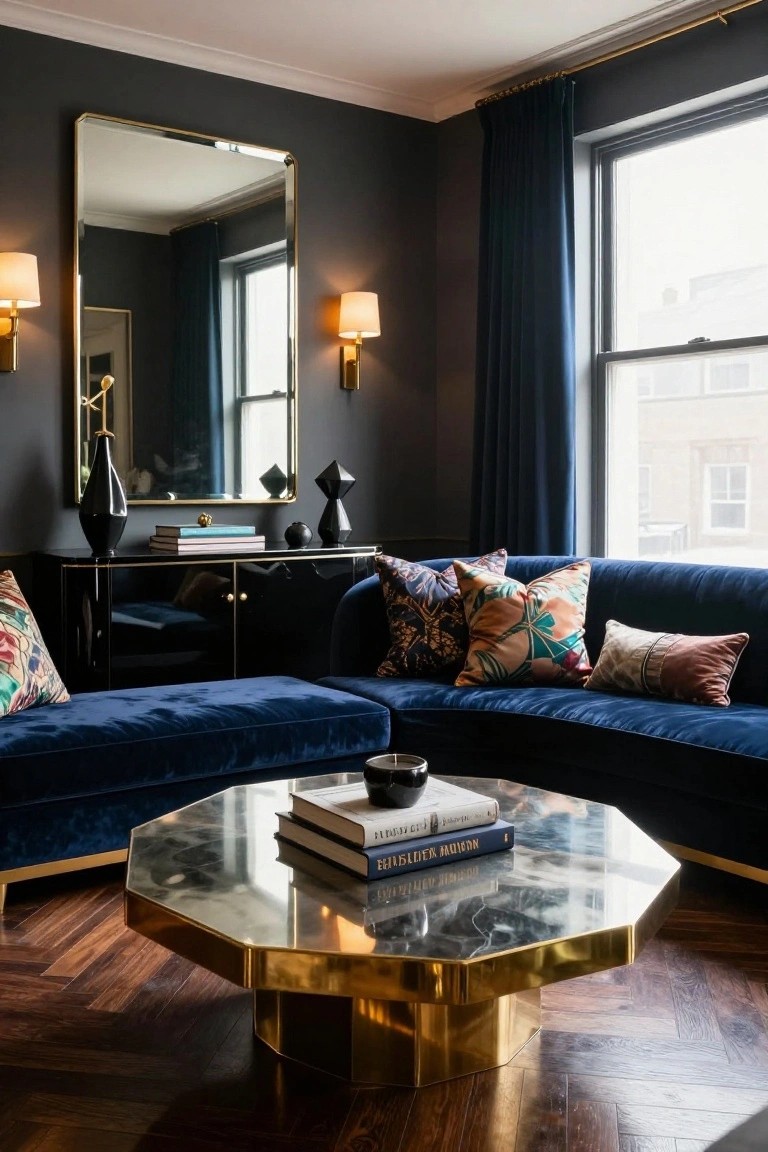 Living room with deep blue velvet L-shaped sectional sofa around brass octagonal coffee table, black credenza with gold trim, large gold-framed mirror, and navy drapes on dark walls and herringbone wood floor.