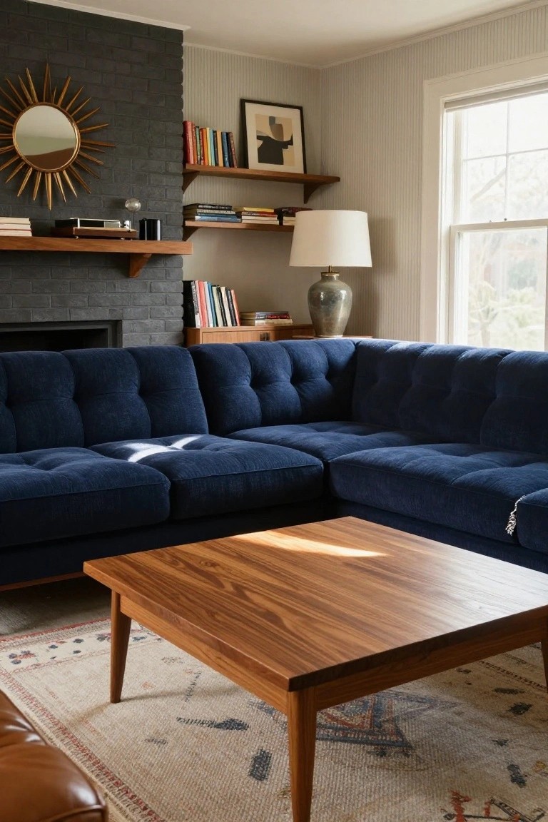 Living room interior with L-shaped navy blue tufted sectional sofa facing a black brick fireplace, wooden coffee table on a patterned rug, bookshelves with books, gold sunburst mirror, lamp, and window light.