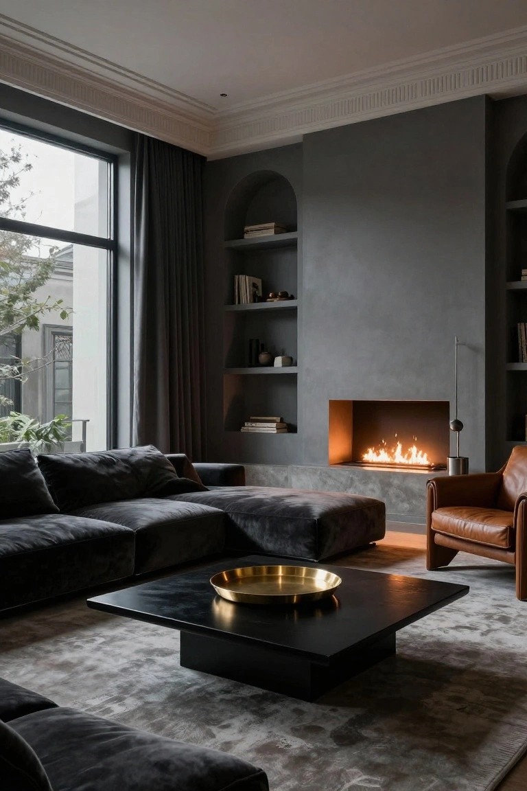 Modern living room interior with large low-profile black velvet sectional sofa, black square coffee table holding gold tray, orange leather armchair, linear gas fireplace in textured gray wall with arched built-in shelves, large window with dark gray curtains, and light gray rug.
