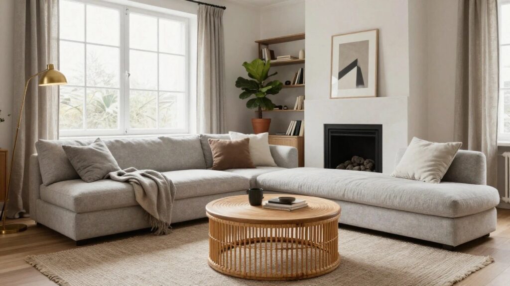 20 Inspiring Sectional Sofa Ideas to Elevate Your Living Room Layout Light gray curved sectional sofa in a bright living room with oak drum coffee table, potted plants, wood media console, beige rug, stone fireplace, and sheer curtains over large windows.