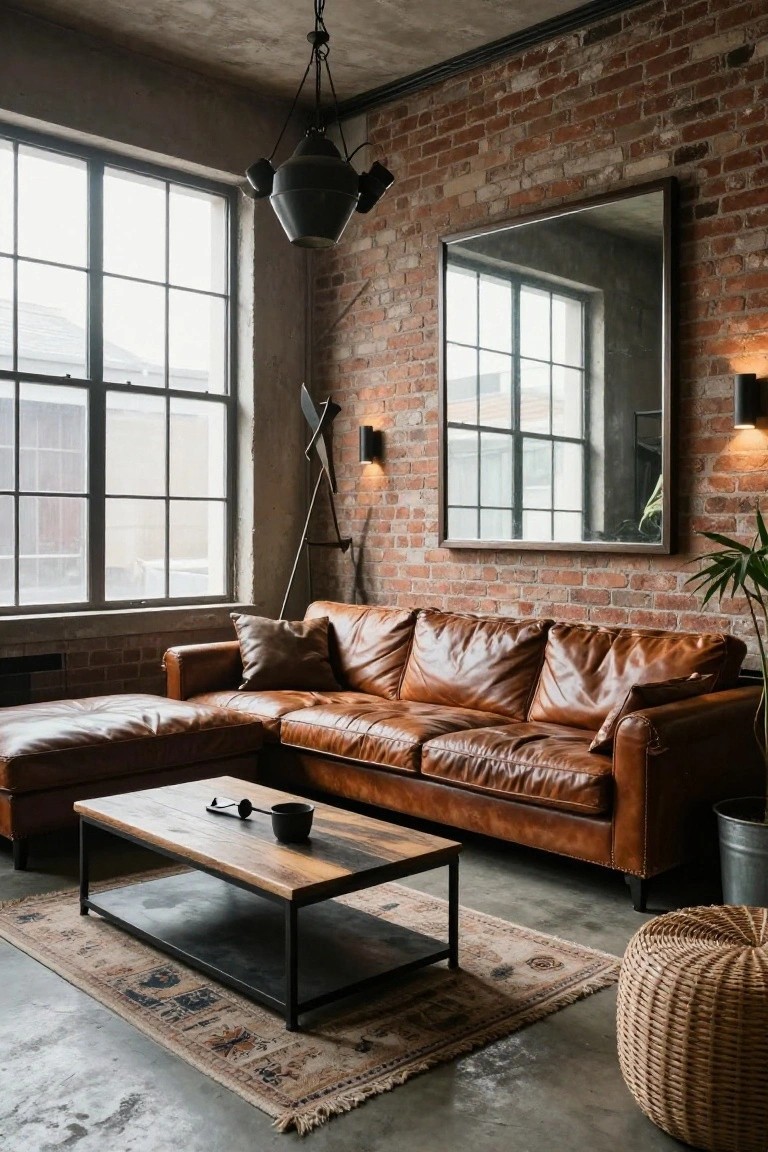 Industrial loft with brown leather sectional, brick walls, and rustic coffee table.