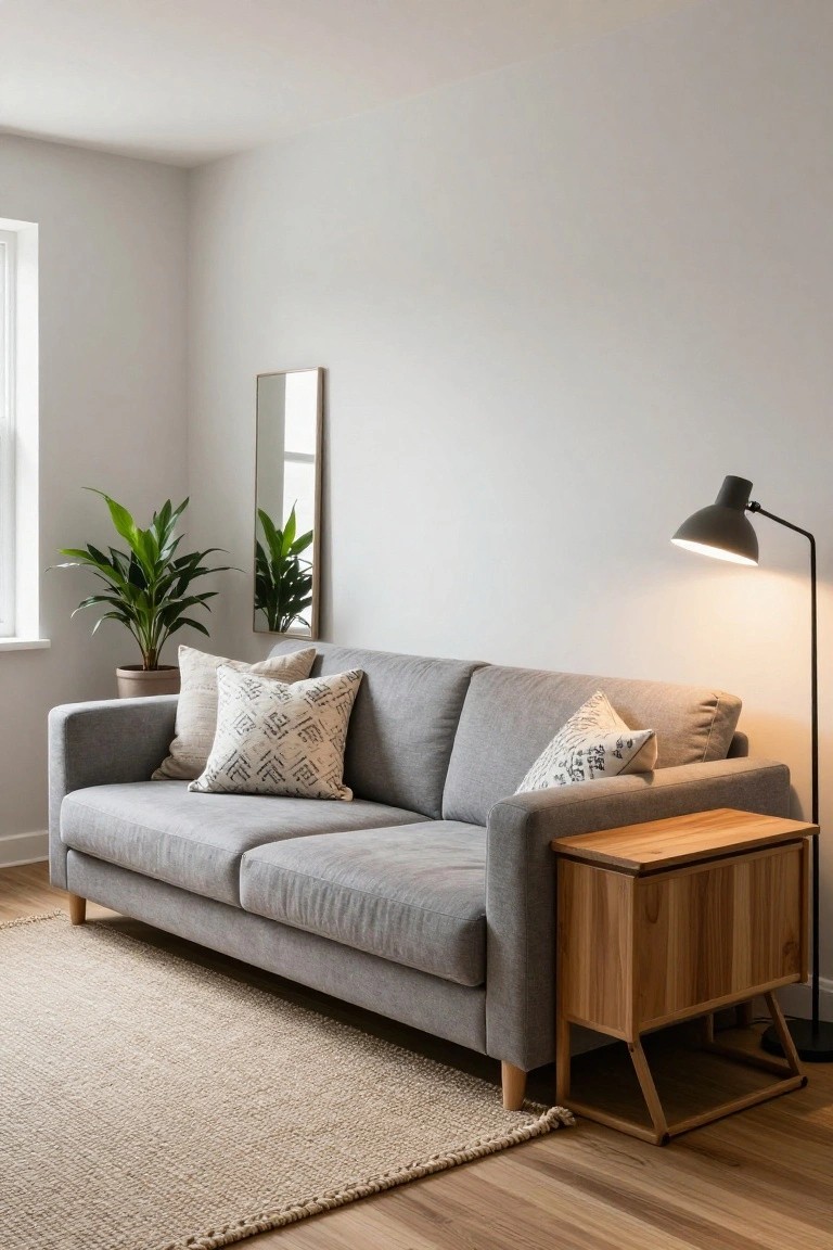 Modern gray sofa with patterned pillows beside a wooden side table and floor lamp.