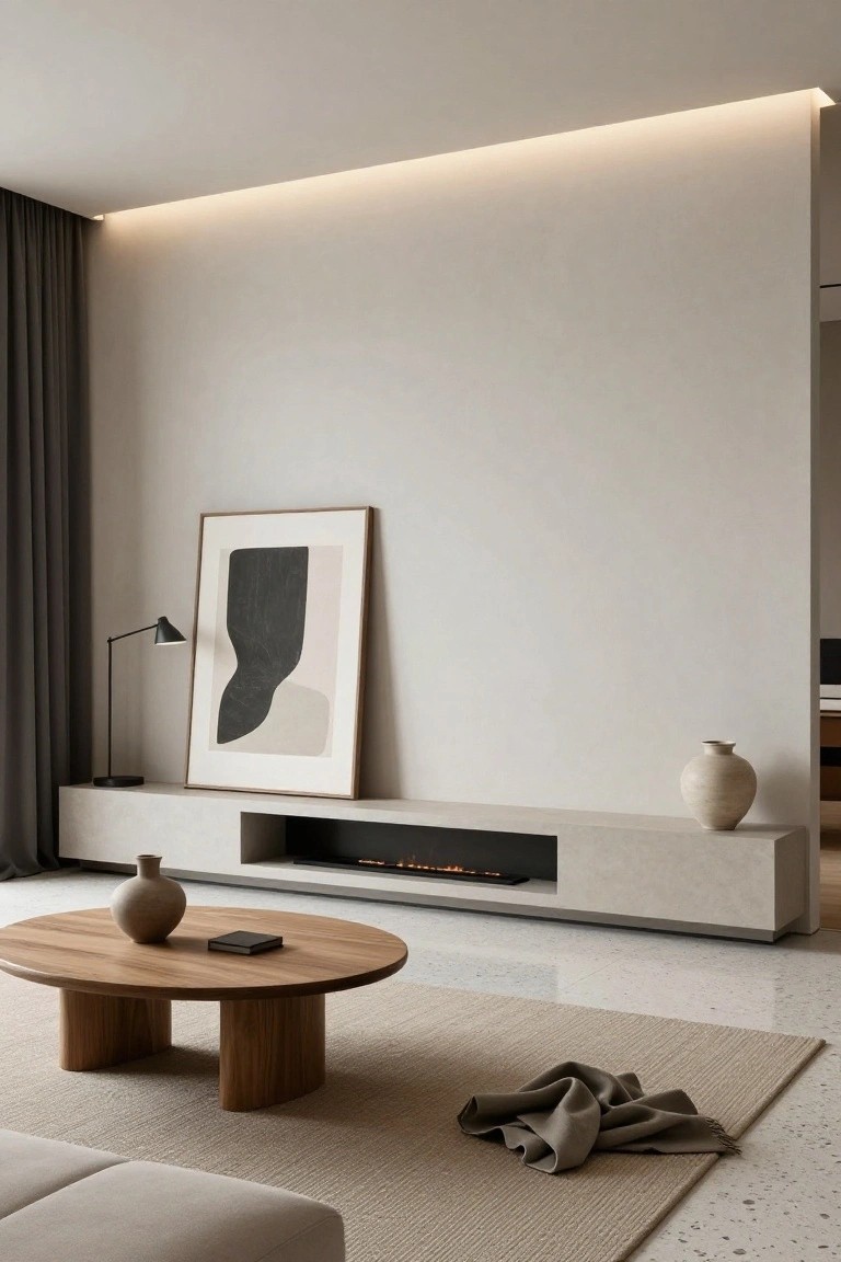 A minimalist living room with a low cream sectional sofa facing a linear gas fireplace built into a white wall, a round wooden coffee table on a beige rug, abstract art on the wall, and ceramic vases.