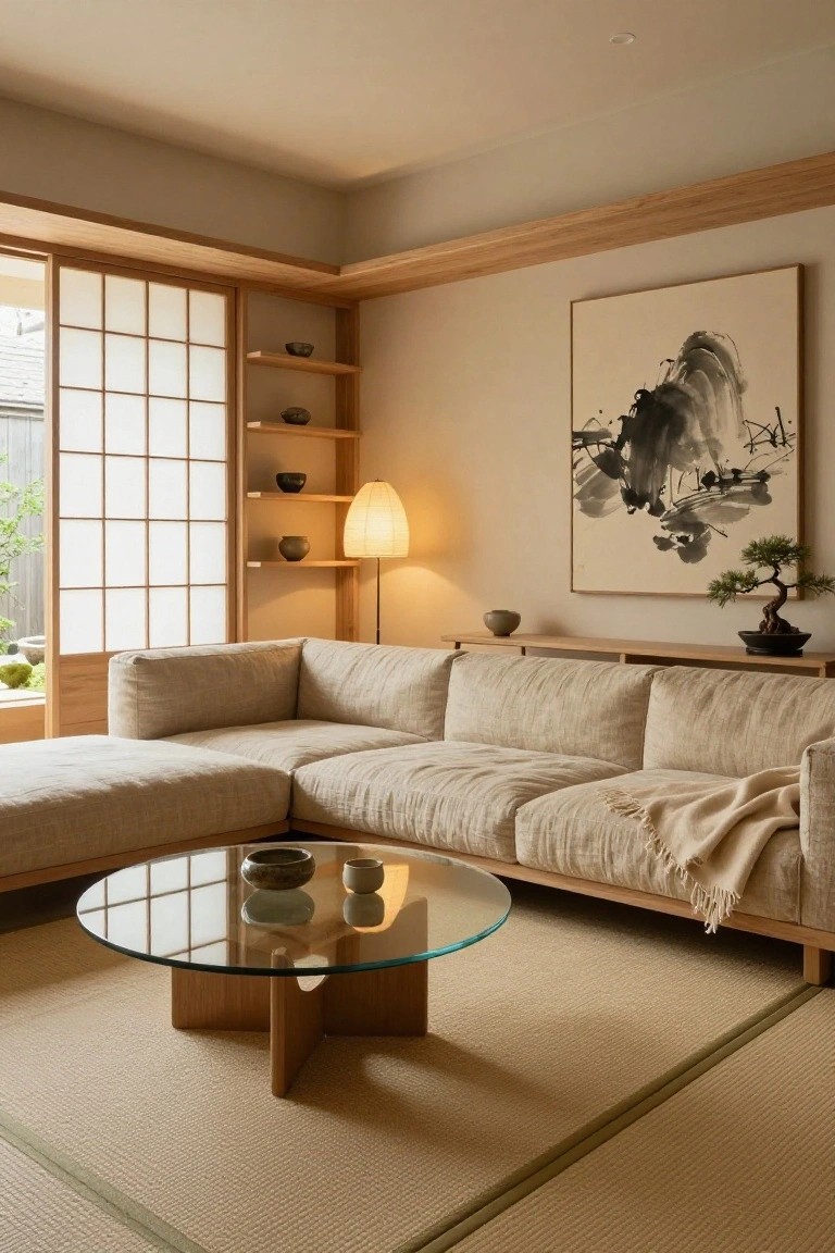 Japanese living room with beige sectional sofa, round glass coffee table, and shoji doors.