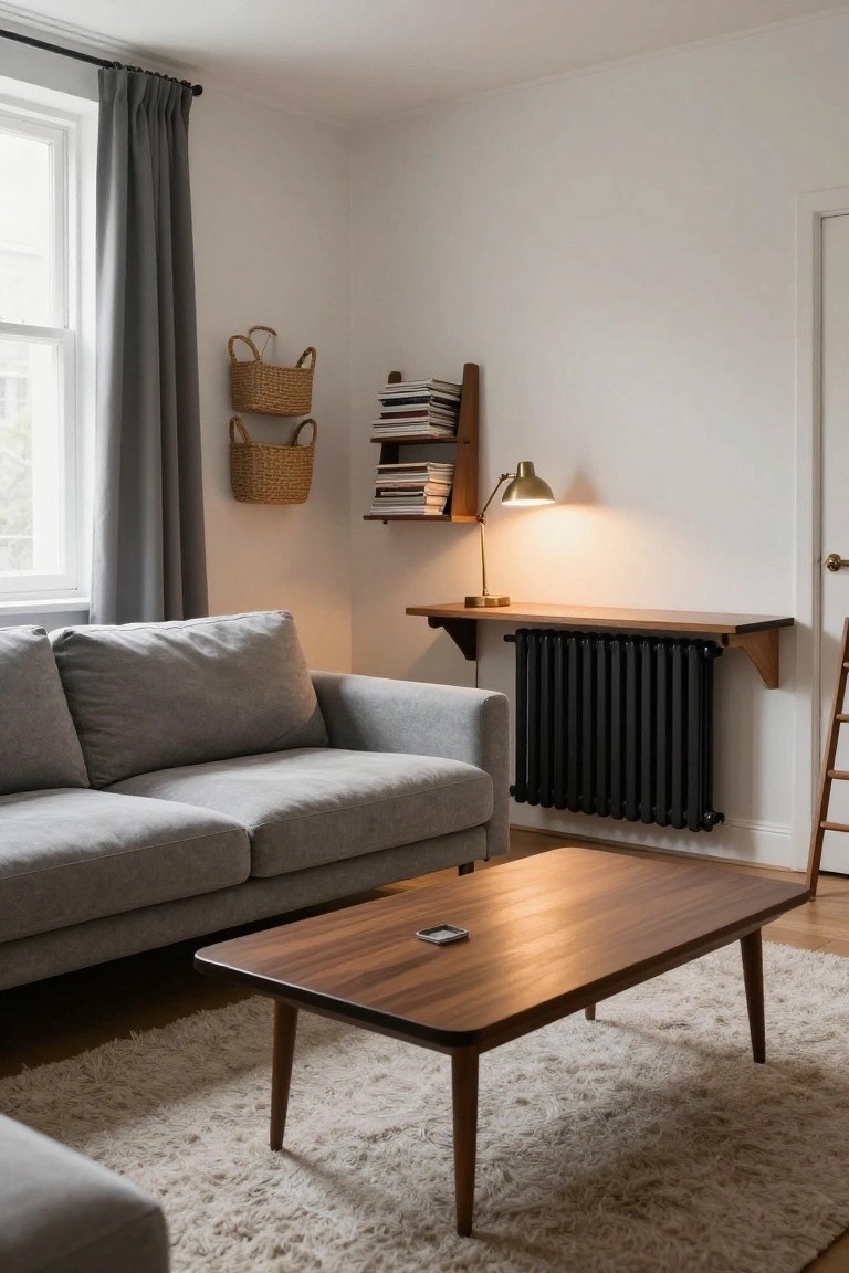 Light gray fabric sectional sofa in a minimalist living room with low wooden coffee table on cream rug, black column radiator with wood shelf, and wall-mounted bookshelves.