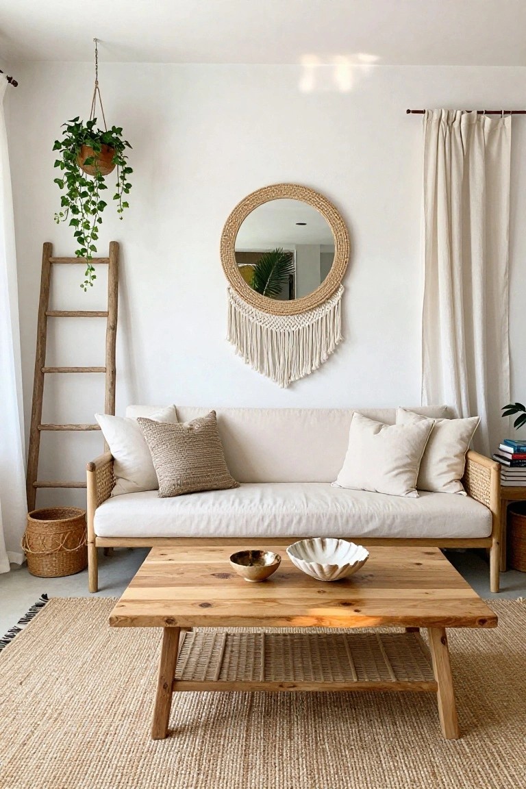 A bright living room with a cream linen sofa featuring rattan arms, low wooden coffee table with ceramic bowls, seagrass rug, wooden ladder shelf with plants, round rattan mirror, macrame wall hanging, and white curtains.