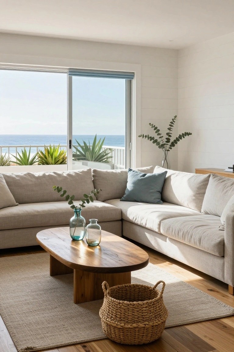 Coastal living room with beige sectional, wood coffee table, and ocean view.