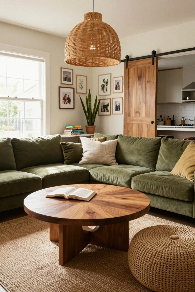 L-shaped olive green velvet sectional sofa in a living room with wooden coffee table, rattan pendant light, plants, framed photos on shelves, and wooden sliding door to kitchen.