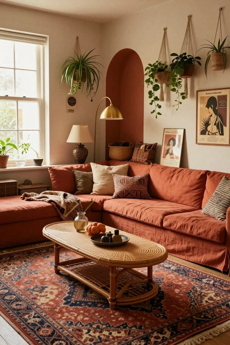 Living room with terracotta L-shaped sectional sofa, rattan coffee table on red and blue patterned rug, hanging plants, and arched plant niche.