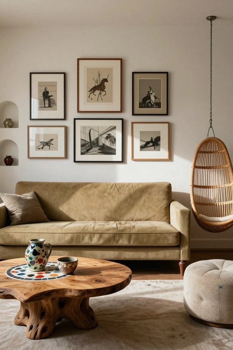 Living room with khaki sofa, gallery wall of seven framed black-and-white abstract drawings of horses and figures above it, live-edge wooden coffee table holding ceramic vase and bowl, woven hanging chair, cream pouf, and white walls with niches.