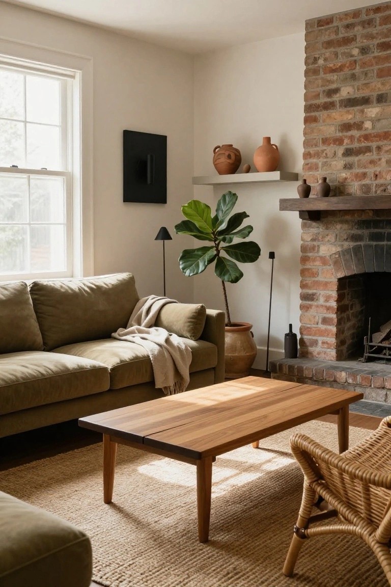 Living room with khaki green sofa facing brick fireplace, wooden coffee table on seagrass rug, fiddle leaf fig plant in terracotta pot, rattan chair, and shelves with pottery.