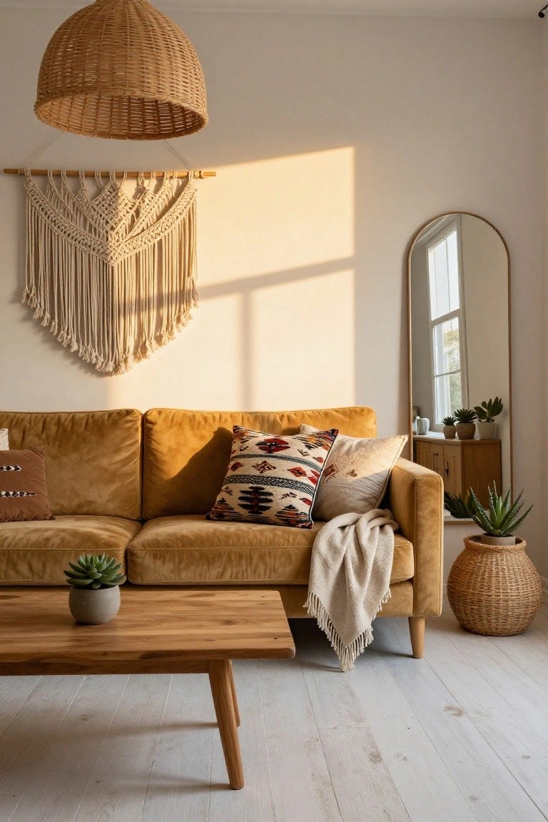 A sunlit living room with mustard yellow velvet sofa, wooden coffee table holding a potted succulent, macrame wall hanging, rattan pendant lamp, arched mirror by window with plants, and woven basket planter.