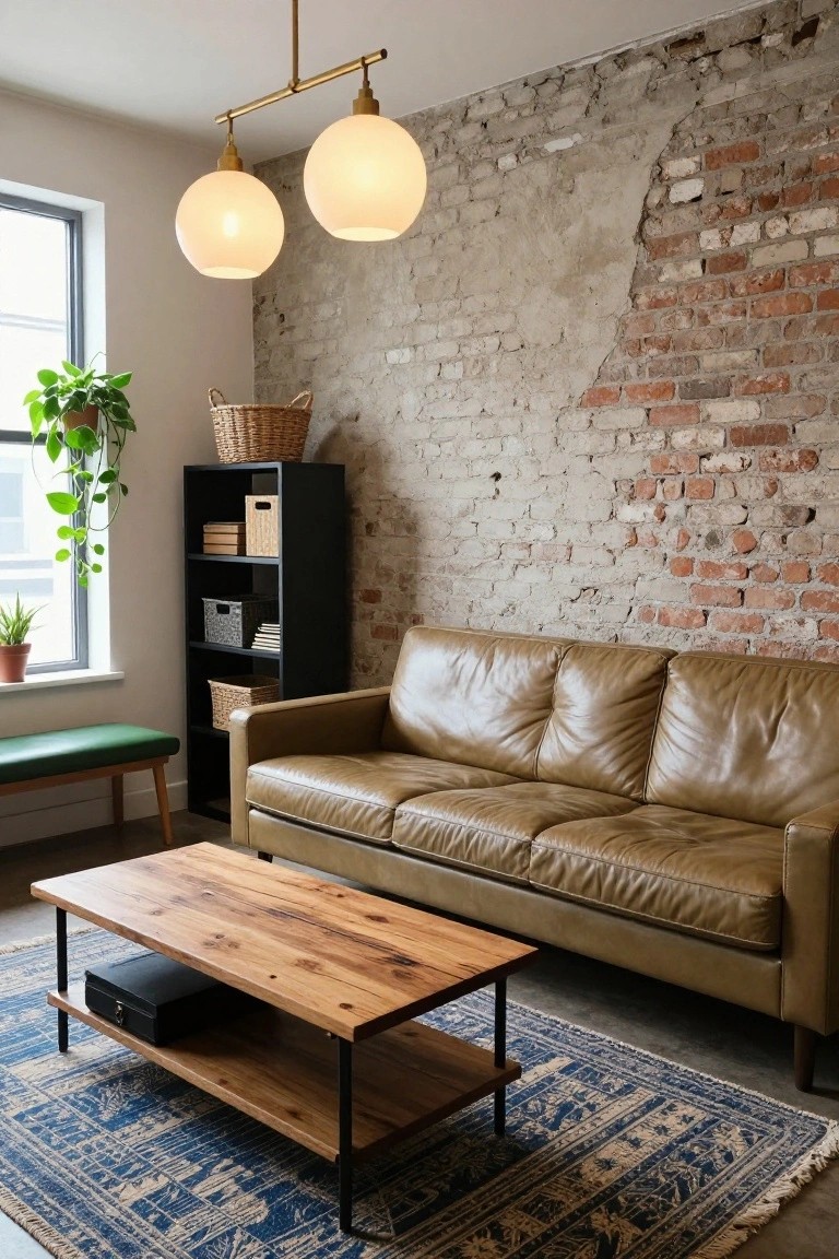 Living room with tan leather sofa facing exposed brick wall, black bookshelf with bins and books, green bench, reclaimed wood coffee table with black metal legs on blue patterned rug, potted plants by window, double globe pendant lights overhead.