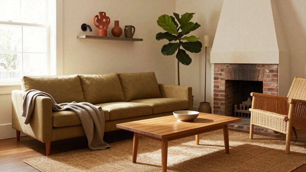 Living room with khaki green sofa facing brick fireplace, wooden coffee table on seagrass rug, fiddle leaf fig plant in terracotta pot, rattan chair, and shelves with pottery.