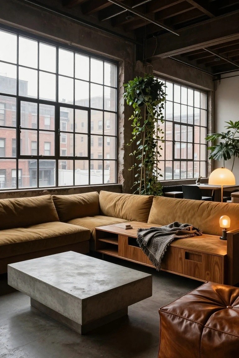 Industrial loft living room with large tan L-shaped fabric sofa, low rectangular concrete coffee table, wooden media console with gray throw blanket, hanging green plants near tall metal-framed windows overlooking city buildings, small table lamps, black chair, and brown leather pouf on concrete floor.