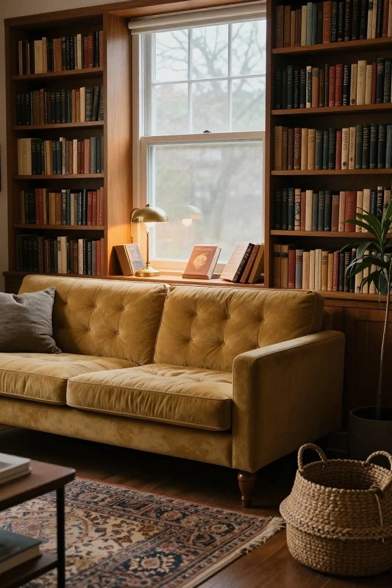 Tufted mustard-yellow velvet sofa in a wood-paneled living room with tall built-in bookshelves filled with books, brass desk lamp and open books on windowsill, potted plant nearby, low coffee table, Persian rug, and wicker basket on hardwood floor.