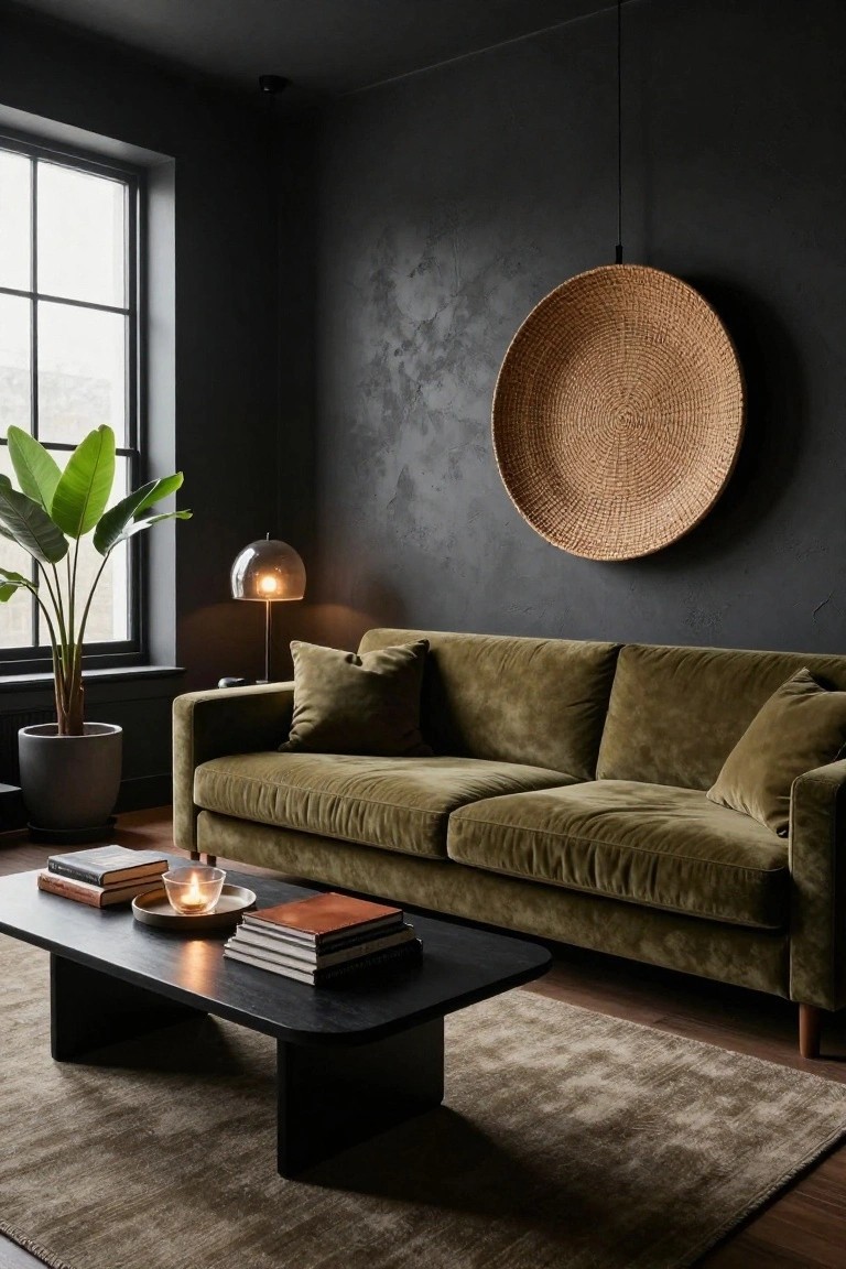 Modern living room with olive velvet sofa, black coffee table, and woven wall decor.