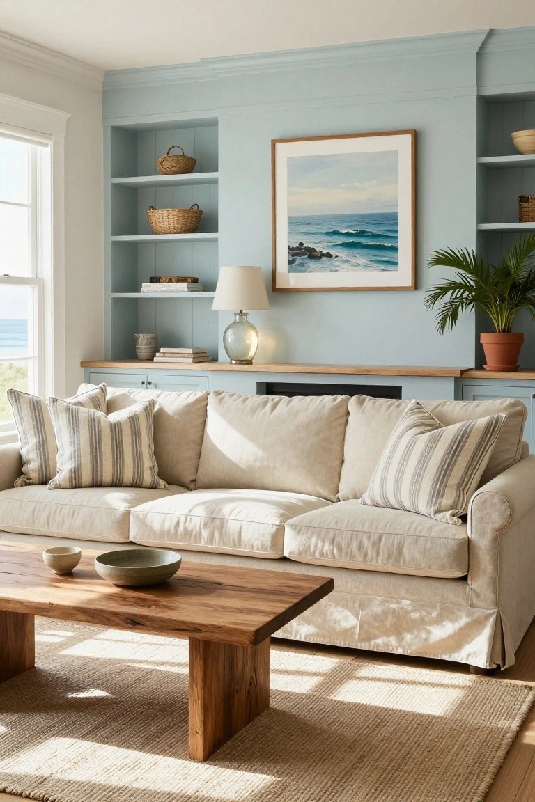 Living room with pale blue built-in shelving and cabinets around a fireplace, a beige slipcovered three-seater sofa with striped pillows, wooden coffee table with ceramic bowls, seagrass rug, potted palm, seascape painting, and windows showing ocean view.