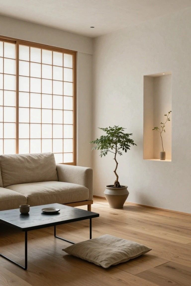 Minimalist living room with beige khaki sofa, black metal coffee table, zabuton cushion on wooden floor, potted ficus tree, smaller plant in wall niche, and shoji screen windows on neutral walls.