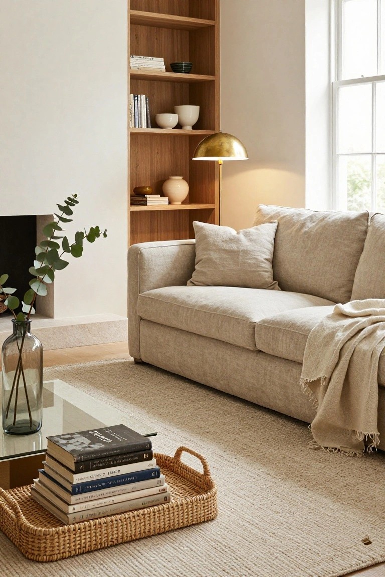 Beige linen sofa in a light living room with oak built-in shelves stocked with books and ceramics, glass coffee table with stacked books in a woven tray, eucalyptus stems in vase by limestone fireplace, gold lamp on shelf, and neutral rug.
