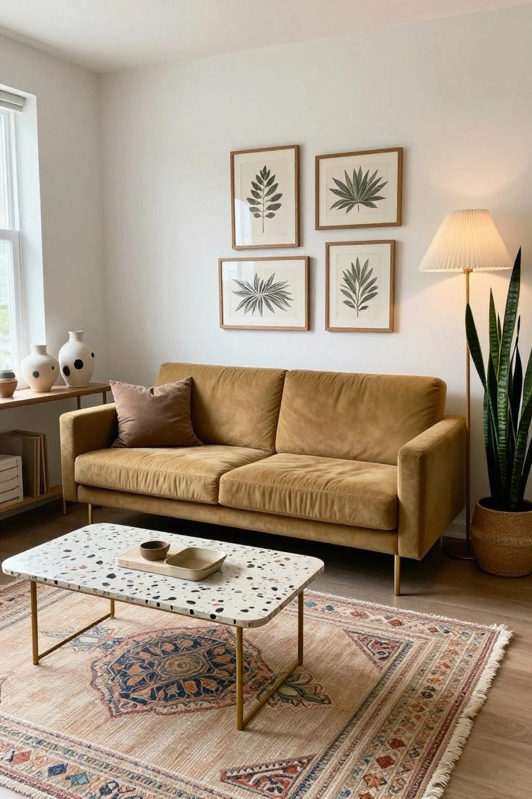 A mustard-colored velvet two-seater sofa with slim legs positioned on a multicolored oriental rug in a white-walled living room, with a terrazzo coffee table in front, snake plant to the side, and botanical leaf prints on the wall.