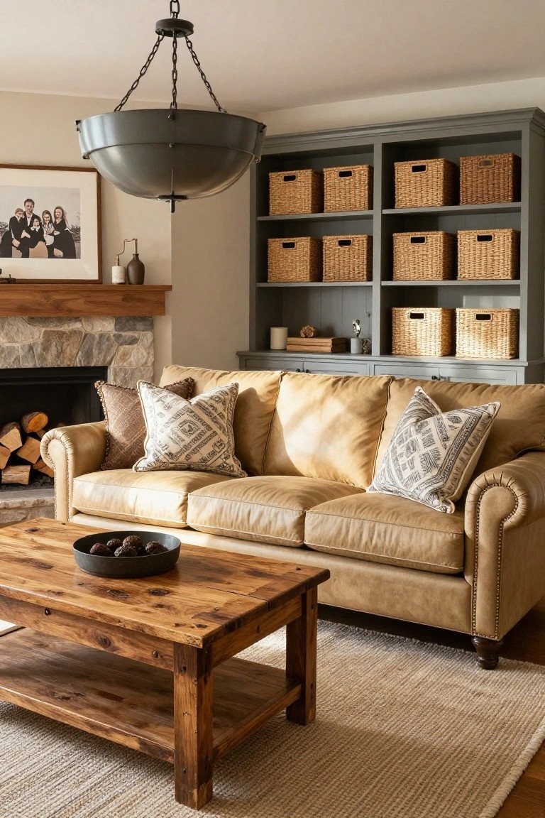 Living room with tan tufted leather sofa facing stone fireplace, rustic wooden coffee table holding a black bowl with round snacks, gray built-in shelves with wicker baskets, and black metal pendant light overhead.
