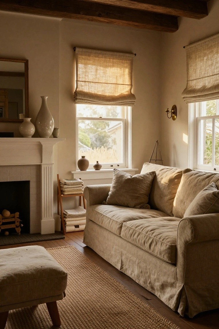 Living room corner with beige linen slipcovered sofa facing windows covered in beige linen roman shades, white fireplace with pottery vases on mantel, exposed wood beam ceiling, seagrass rug, and wood stool rack with linens.
