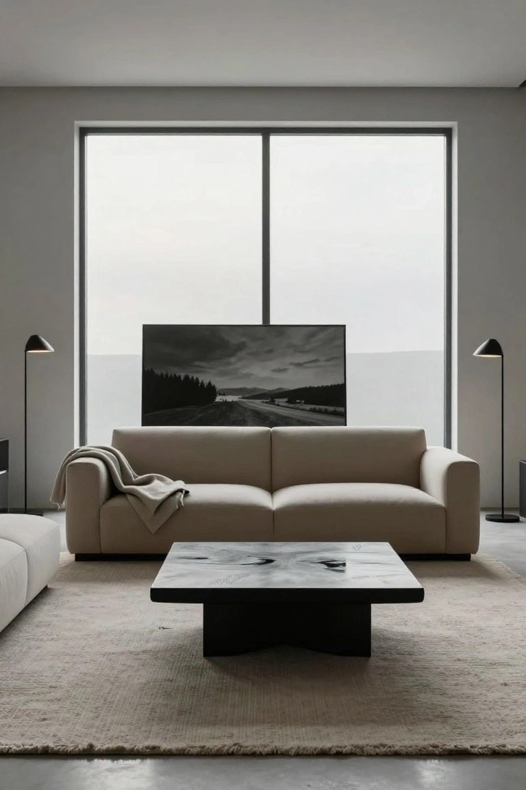 Minimalist living room with light beige sofa on beige rug, black-based gray marble coffee table, white pouf chair, two black arc floor lamps, wall-mounted TV showing landscape image, and large window against light gray walls.