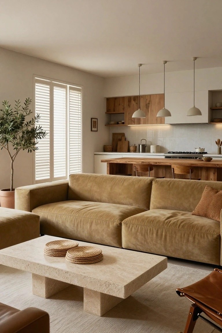 Open-plan living room interior with large L-shaped khaki velvet sofa facing travertine coffee table holding stacked woven placemats, wooden kitchen island with stools in background, olive tree by shuttered windows, and white pendant lights overhead.