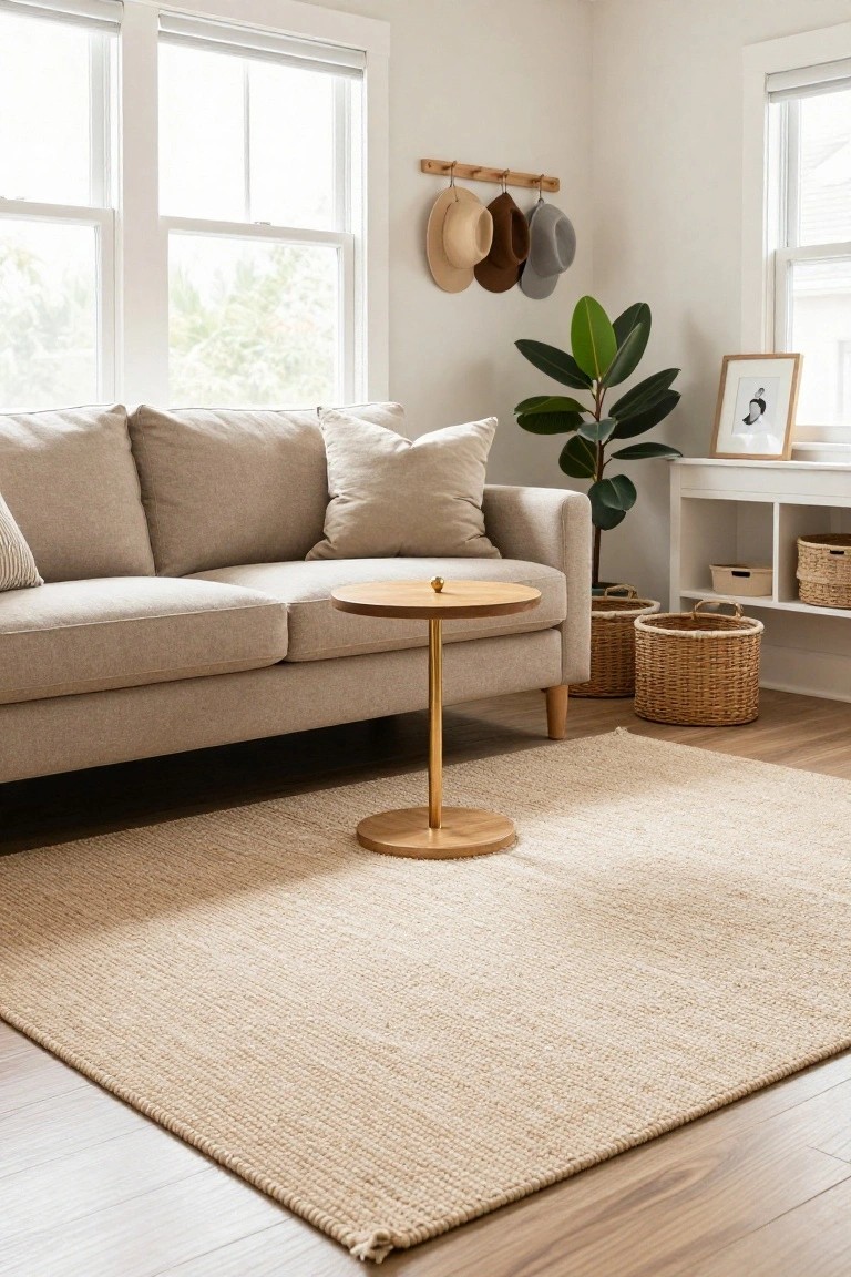 A light beige sofa in a corner living room with light walls, a small round wooden coffee table on a seagrass rug, a white open shelving unit stocked with wicker baskets and small items, a large green plant, hanging hats on wooden hooks, and windows with blinds.