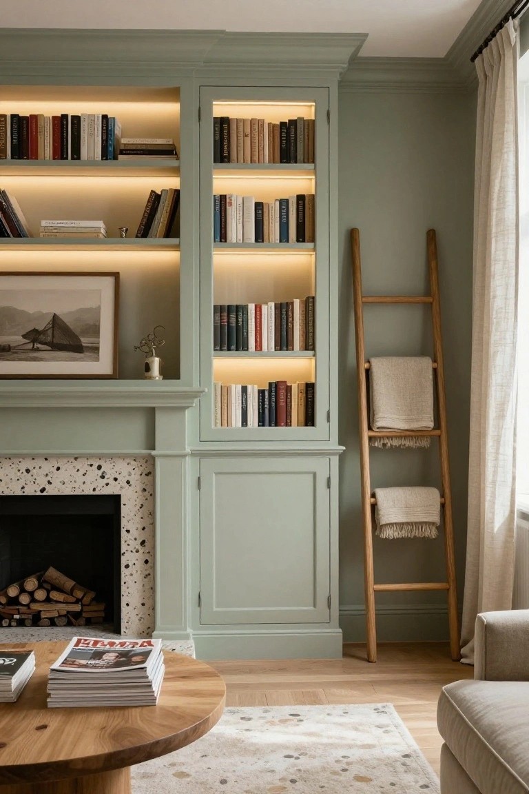 Living room with sage green built-in bookshelves and cabinets flanking a fireplace with speckled stone hearth, wooden ladder holding blankets, round wooden coffee table with stacked magazines, neutral sofa, and hardwood floors.