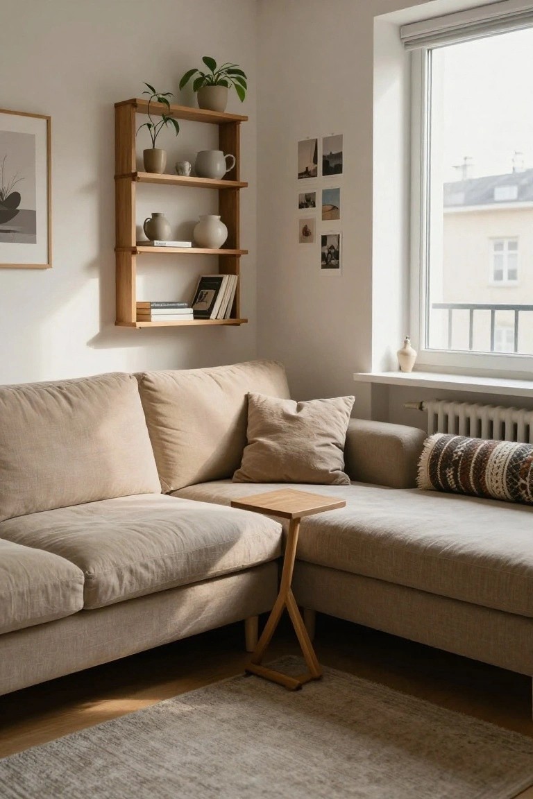 Living room corner with beige L-shaped fabric sofa, wooden wall-mounted shelf displaying potted plants ceramics and books, small tripod-legged wooden side table next to sofa, neutral pillows, beige rug, and large window with white radiator.