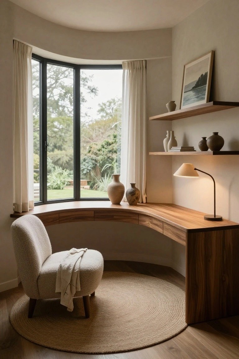 Curved wooden desk built into a bay window in a beige-toned office corner, with a cream bouclé armchair, task lamp, floating shelves holding ceramics and books, draped white curtains, and garden view outside.