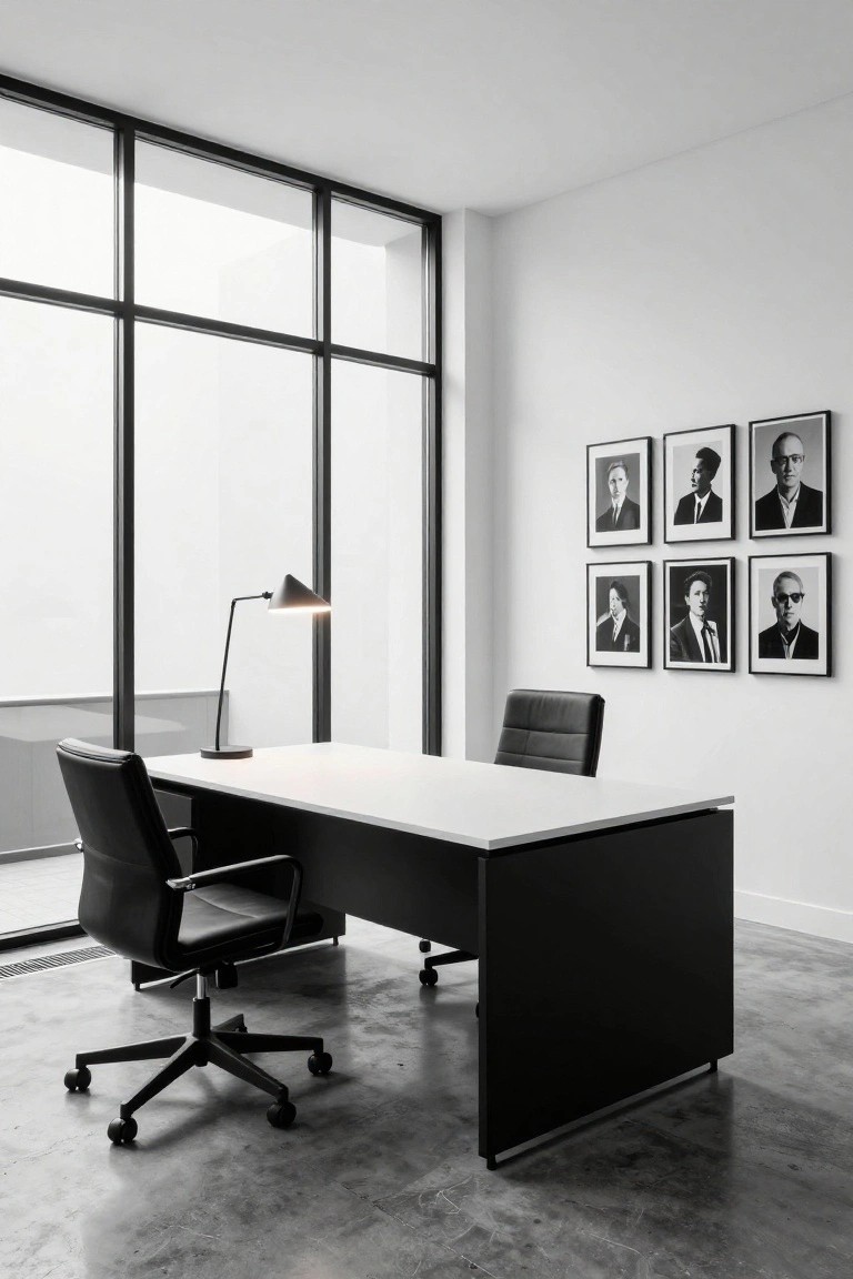 Modern minimalist office with floor-to-ceiling windows, white-topped black L-shaped desk, two black leather swivel chairs, adjustable black desk lamp, and six black-framed black-and-white portraits of men in suits on the white wall above the desk.