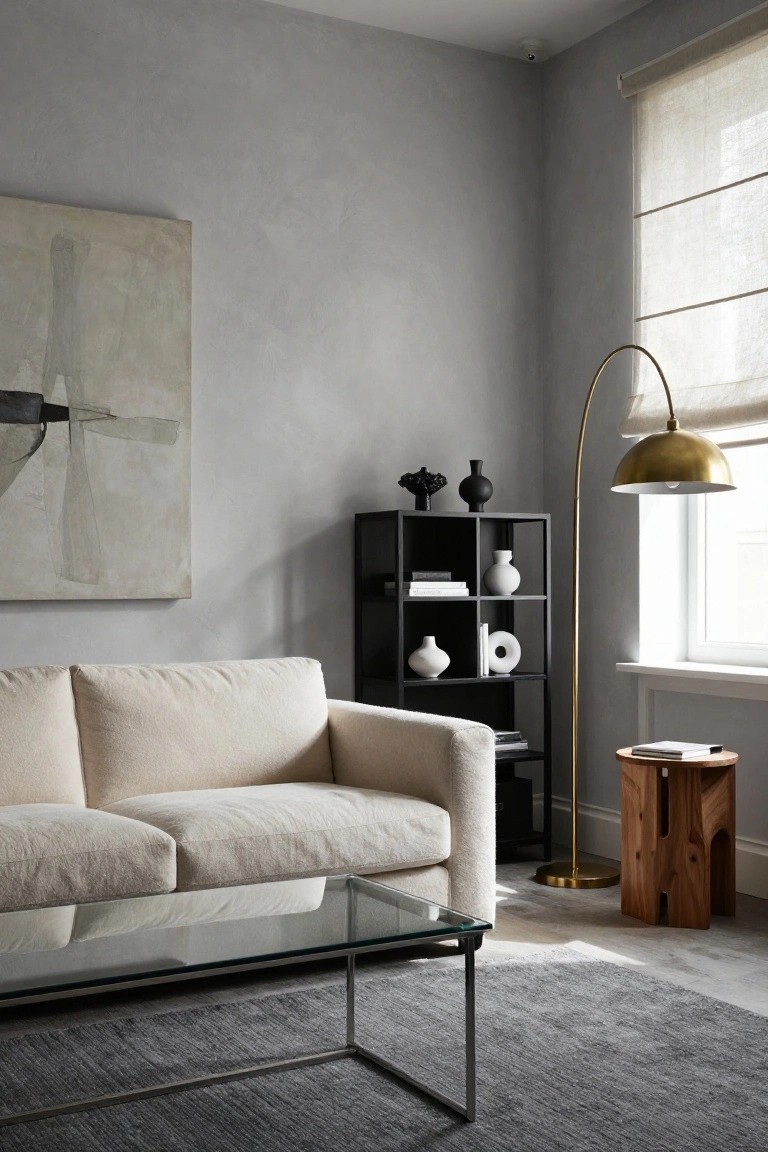 Modern living room with cream fabric sofa, glass coffee table on grey rug, black open cube shelving unit holding books and white ceramics, brass arched floor lamp, wooden stool with magazines, abstract artwork, and textured light grey walls.