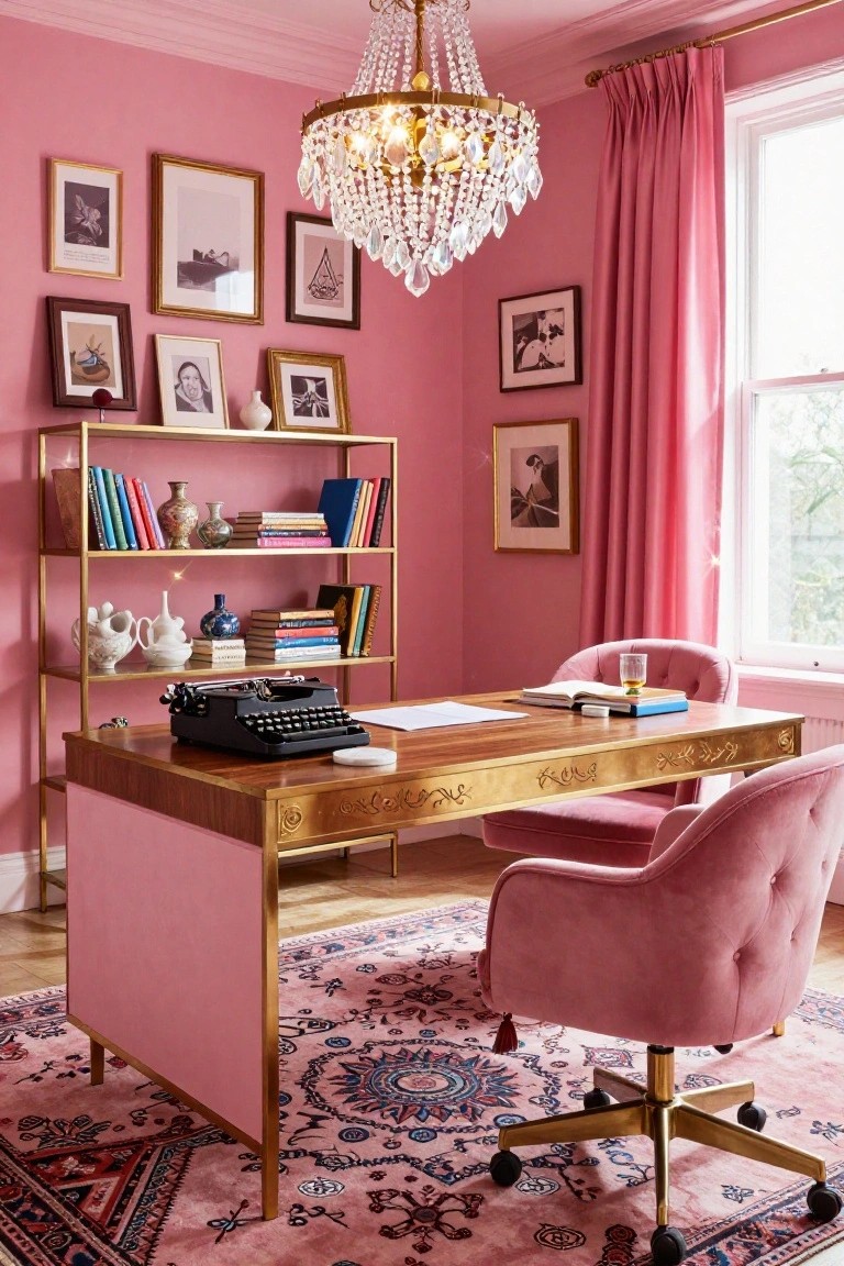 A home office featuring blush pink walls, gold metal shelving stocked with books and vases, a wooden desk with black typewriter and brass legs, pink velvet armchair, crystal chandelier, and assorted framed artwork.