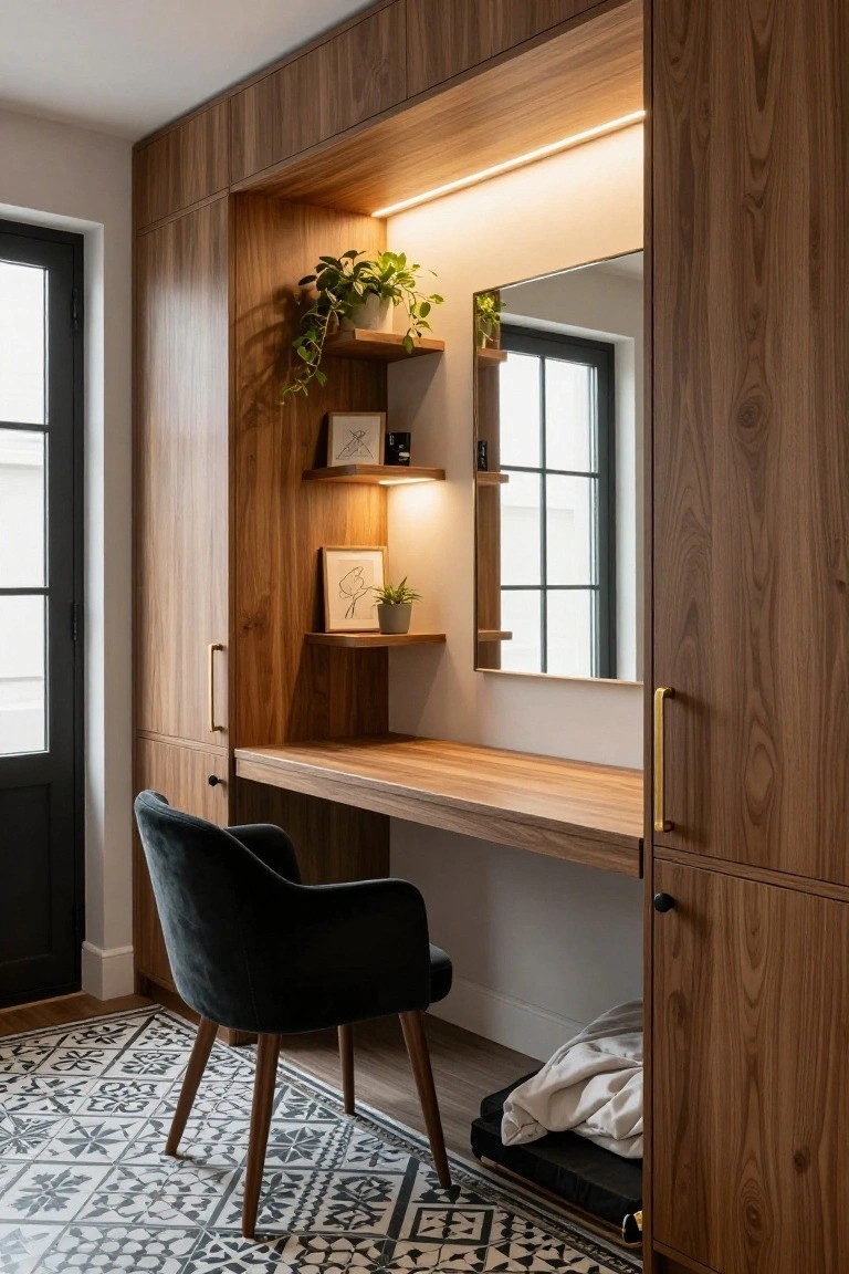 Walnut wood built-in cabinetry with integrated desk, mirror, shelves holding plants and art, green velvet chair, and black-and-white tiled floor in a home office space.