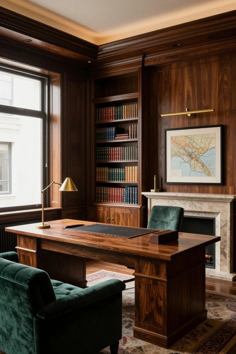A home office with dark walnut wood paneling on walls, built-in bookshelves filled with books, a large matching wooden desk, two green velvet armchairs, brass desk lamp, marble fireplace, and large windows.