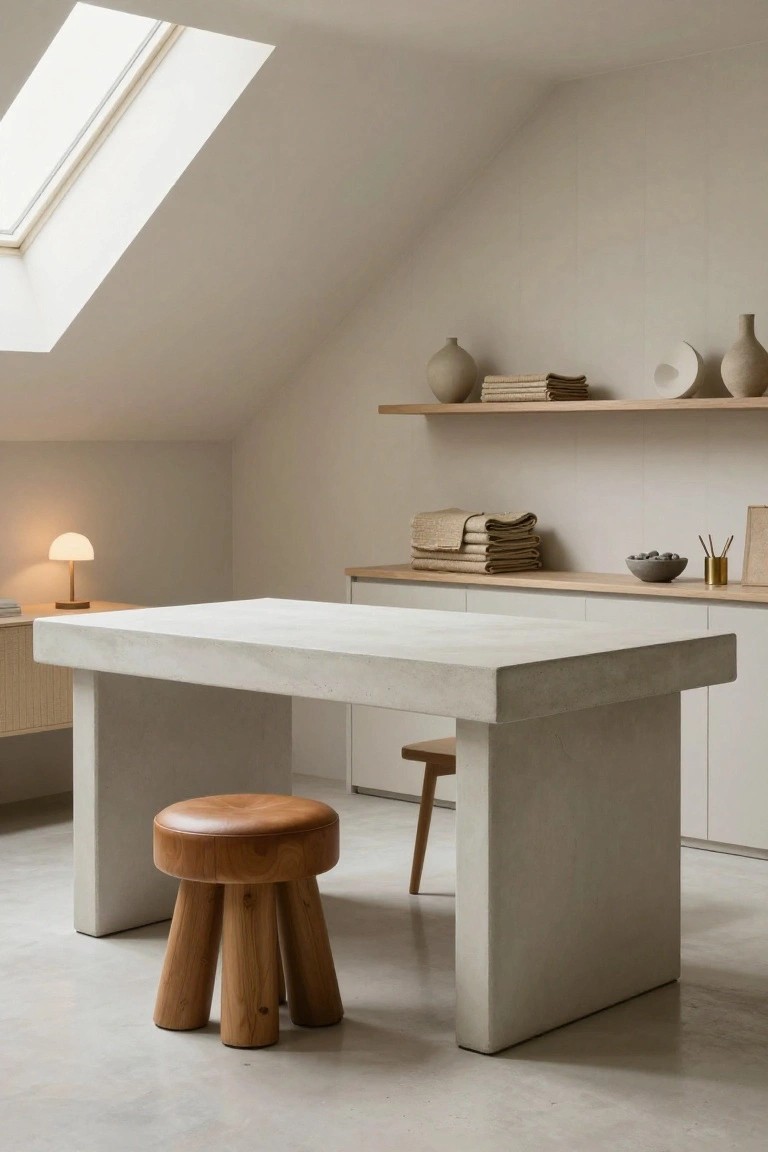 A minimalist attic home office with a large white concrete desk on sturdy legs, a brown wooden stool underneath, neutral wood shelves holding ceramics and linens, a small lamp on a side table, and a skylight overhead.