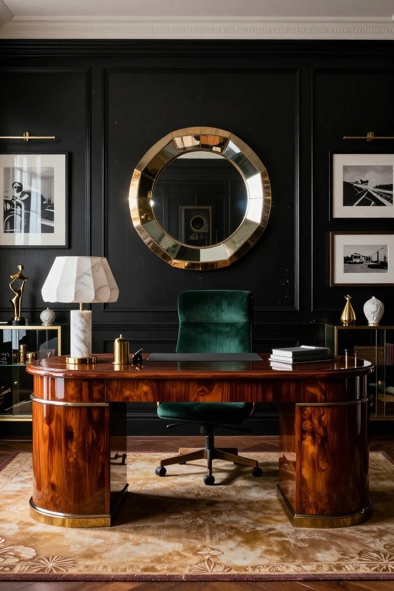 A home office with black paneled walls, curved rosewood desk, emerald green velvet chair on casters, large round gold mirror, white lampshade on marble lamp base, and framed black-and-white photos.